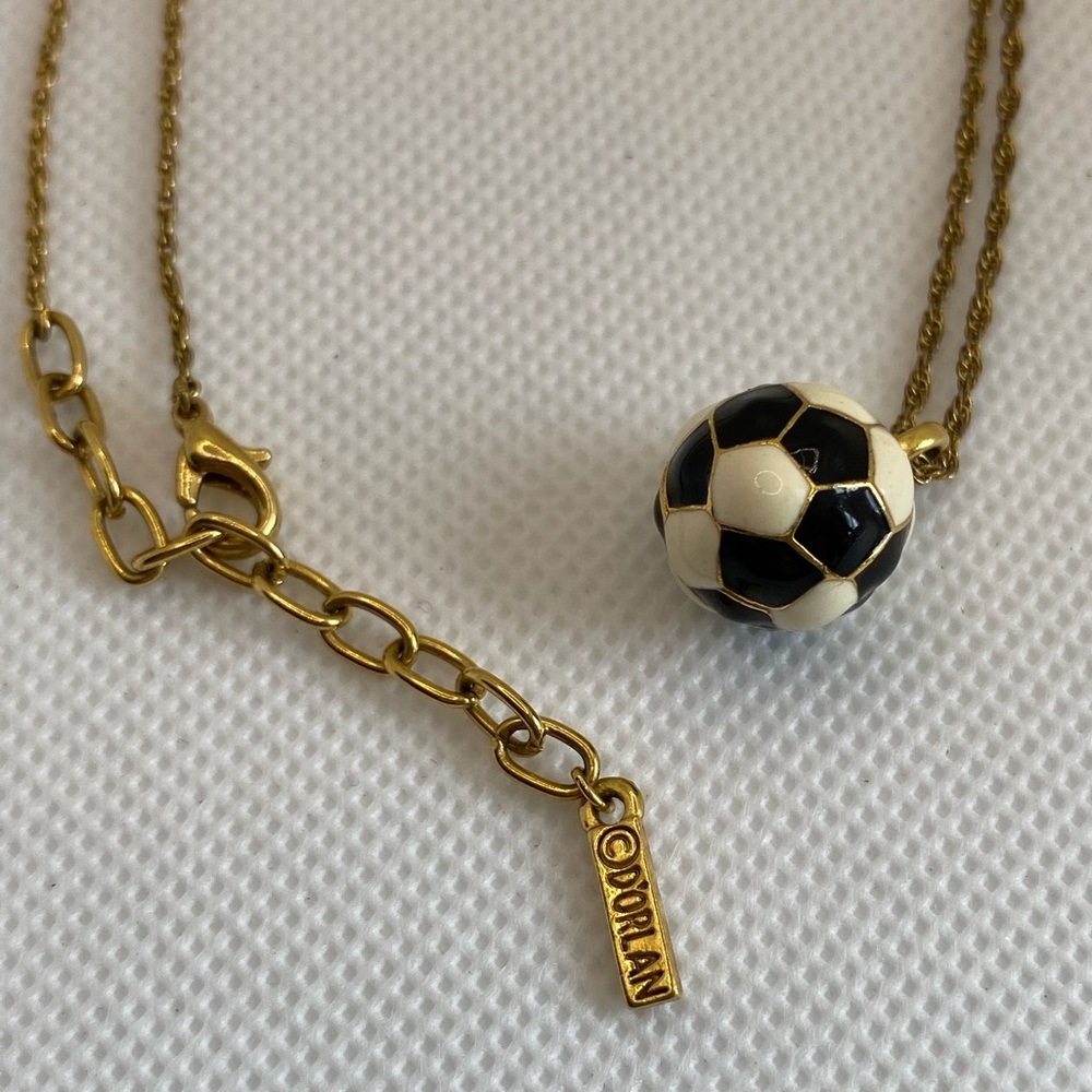 Vintage D’Orlan Enamelled Ball Pendant Gold Black White Necklace Chain Soccer
